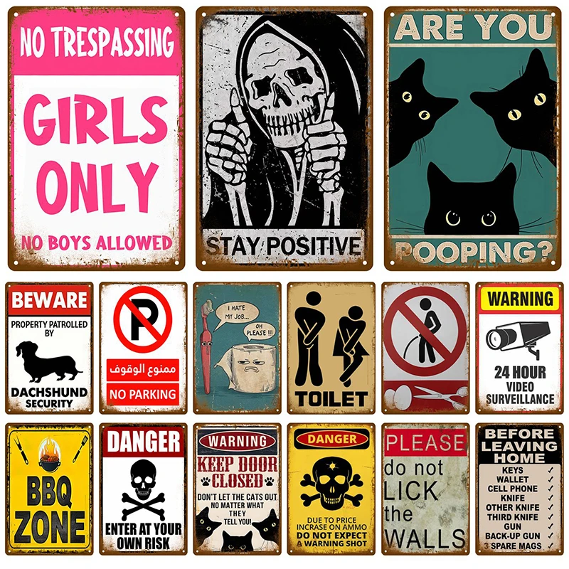 High Definition Tin Sign Vintage Warning Funny Retro Metal Wall Art Decor Set for Garage Man Cave Bar Pub Home Bathroom Kitchen