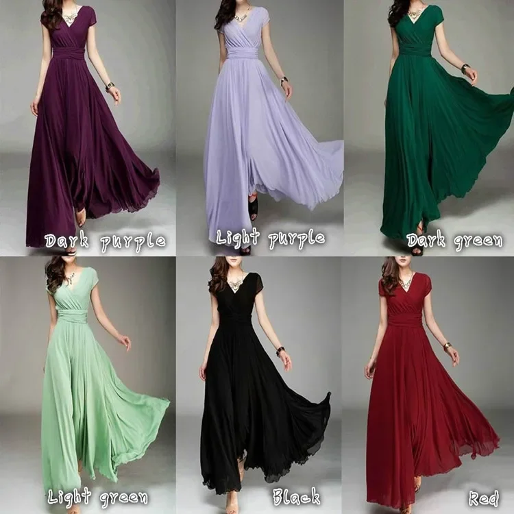 2026 Women's V Neck Short Sleeve Evening Party Dress Temperament Solid Colour Long Cocktail Chiffon High Waist Summer Dresses