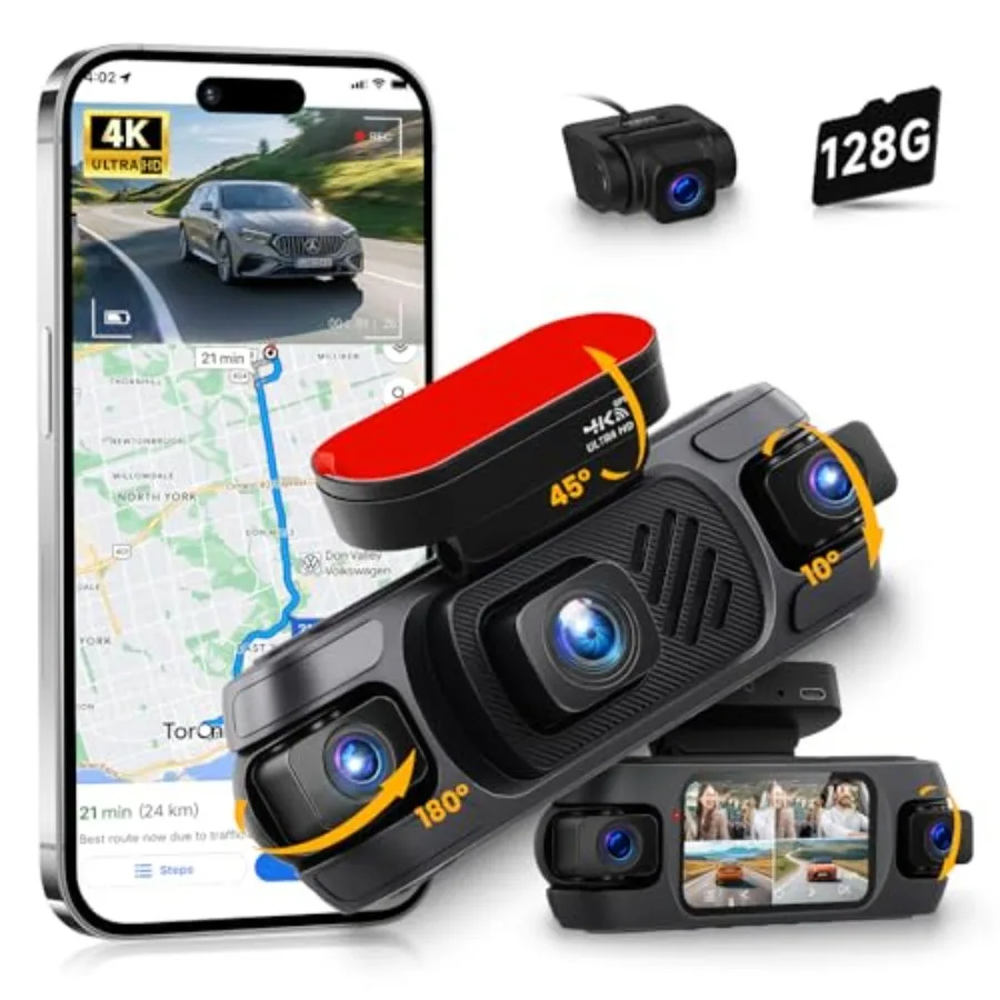 4K 360 Dash Cam for car use, metal housing, black, 4-channel front/rear/inside/side recording with WiFi, APP control, built-in