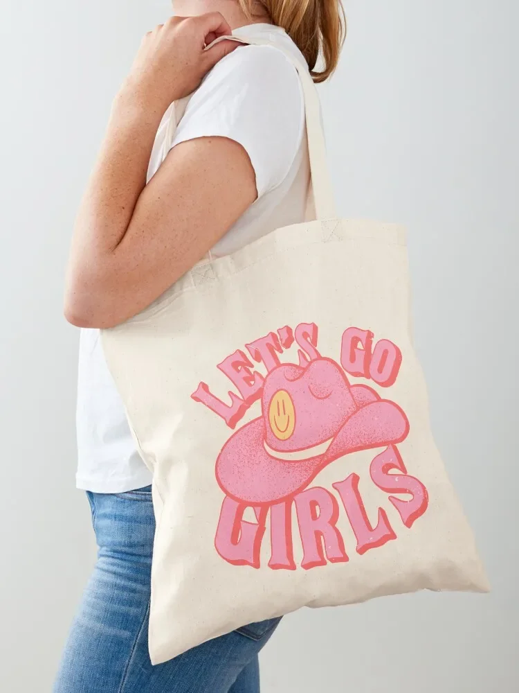 Let's Go Girls Pink Cowboy Cowgirl Rodeo Hat Preppy Aesthetic Bachelorette Party HOWDY Y'ALL White Background Tote Bag