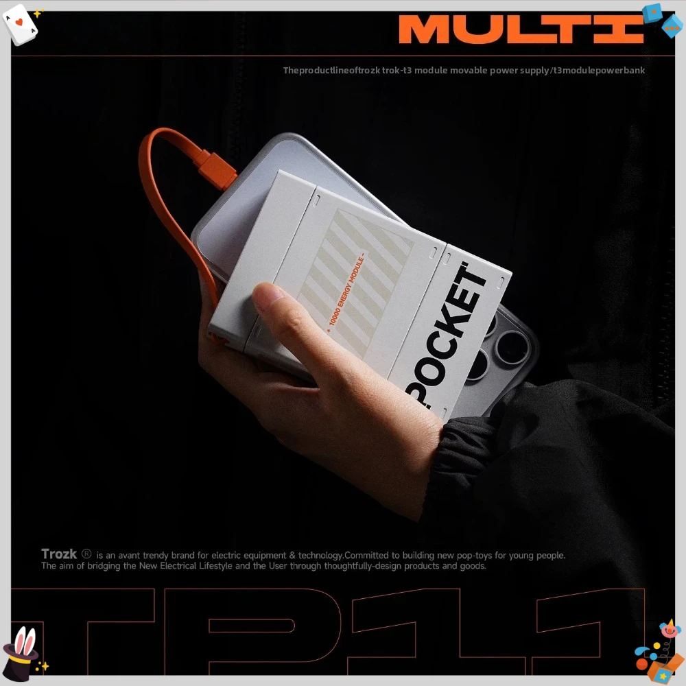 TROZK T3 Module Power Bank 15000mAh 3-in-1 with Built in Cables Multi Protocol Quick Charge Interactive Color Screen Portable