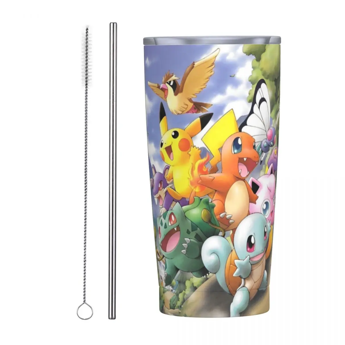 Pokemon Characters Pikachu Insulated Tumbler with Straws Lid Vacuum Coffee Mugs Double Wall Car Bottle Cup 20oz