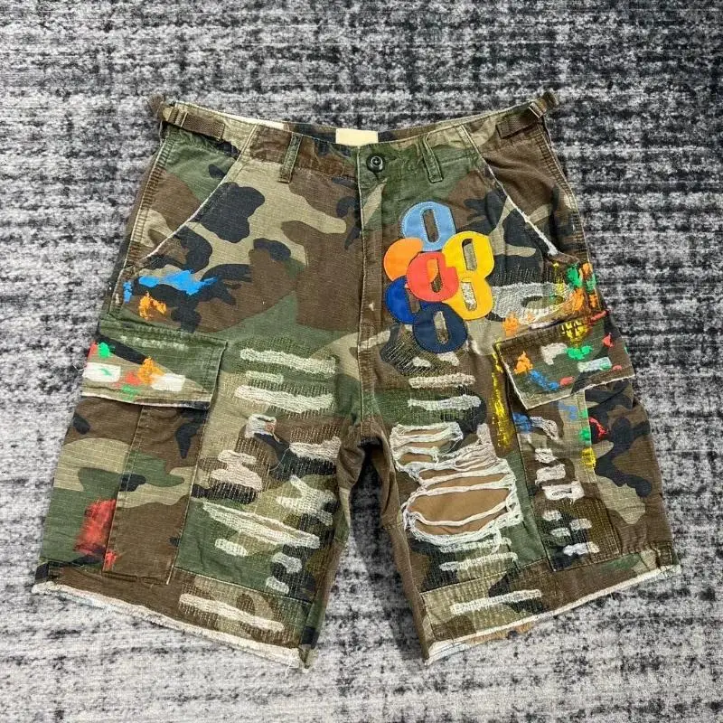 Camouflage Print Ripped Casual Shorts Men's Fashion Loose Fit Cargo Pants Online Exclusive Yarn Dyeing Process