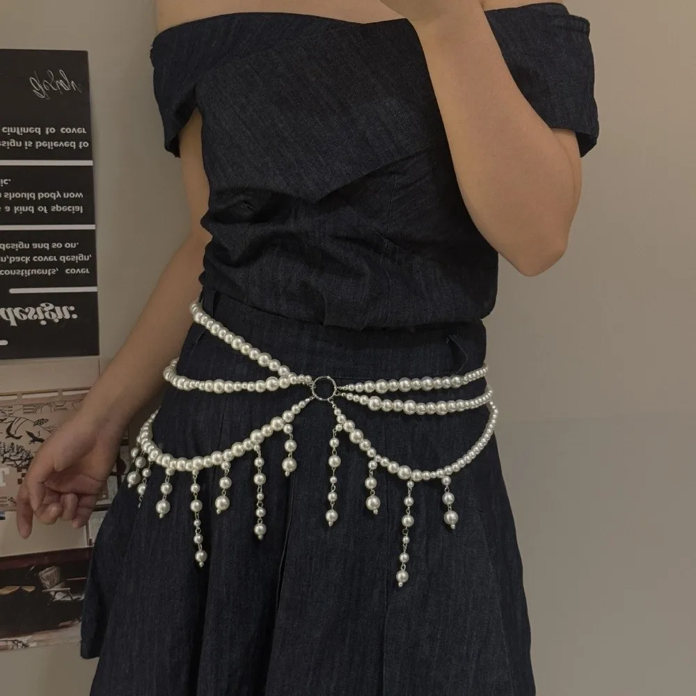 Skirt Accessories Imitation Pearl Waist Chain with Tassels Adjustable Waist Belt Fairy Stylish Body Chain Party
