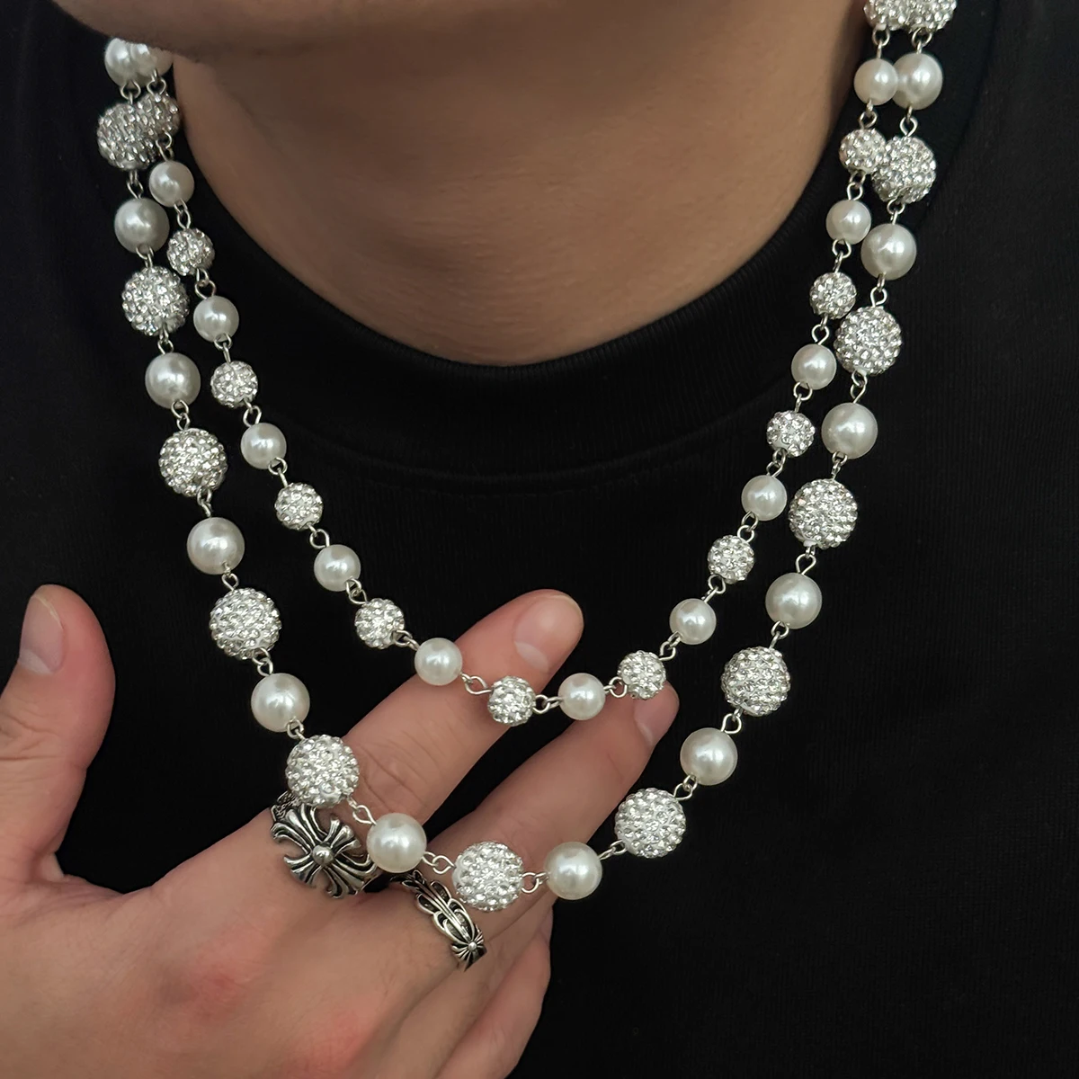 Salircon 2 Teile/satz Vintage Exquisite Imitation Perle Halskette Männer Mode Charme strass Schlüsselbein Kette Bankett Schmuck Geschenke