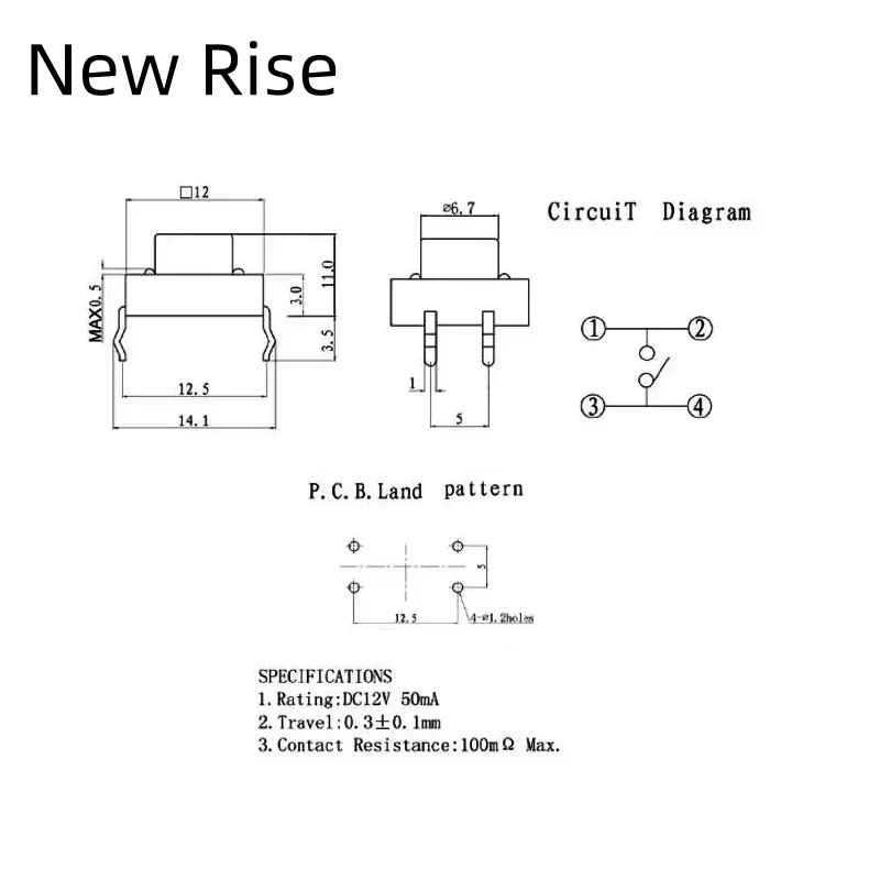 20Pcs 12 x 12mm x 4.3mm 12*12*4.3H Panel PCB Momentary Tactile Tact Push Button Switch DIP