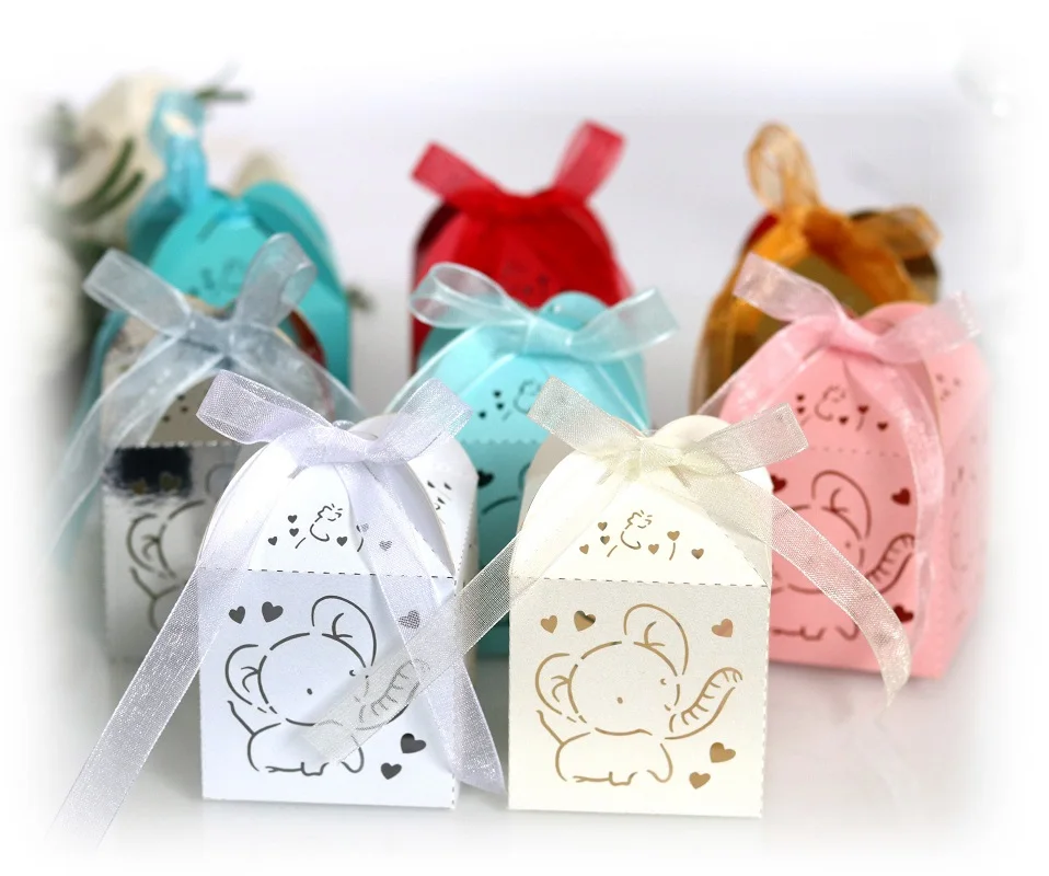 

100pcs Laser Cut Hollow Elephant Flower Candy Chocolates Boxes Ribbon For Wedding Party Baby Shower Favor Gift Decoration