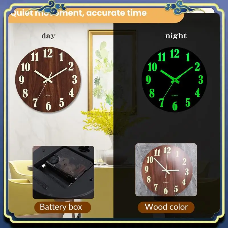 Latest Luminous Wall Clock,12 Inch Wooden Silent Non-Ticking Kitchen Wall Clocks For Indoor/Outdoor Living Room