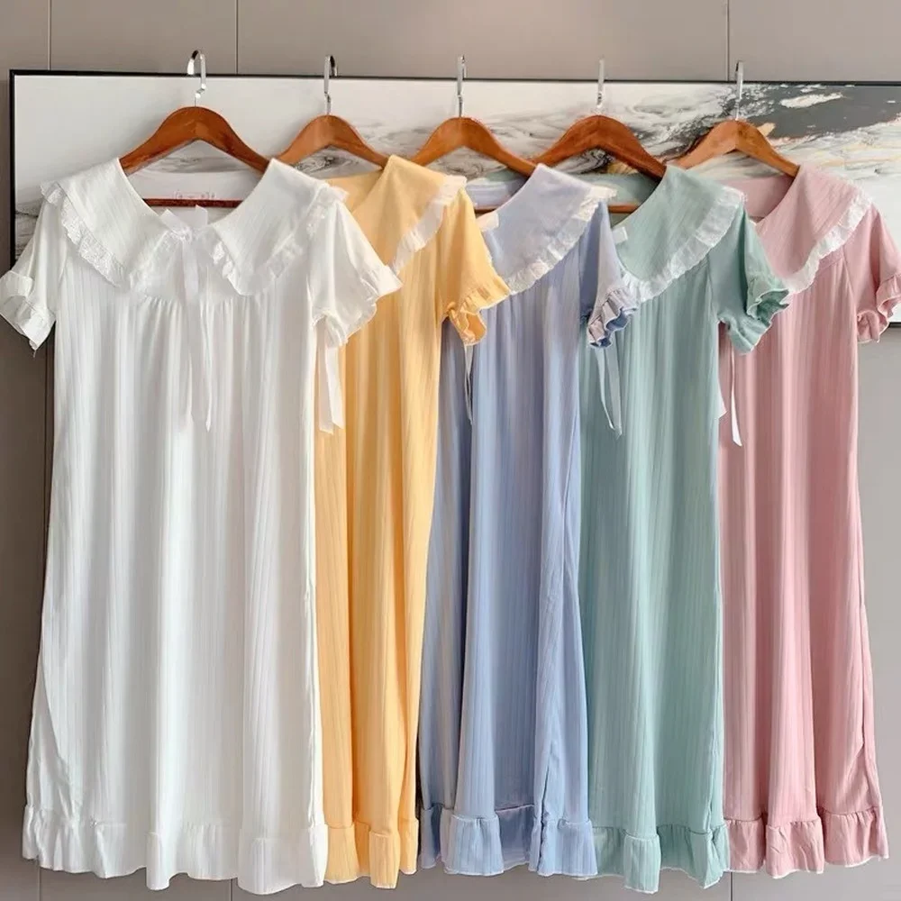 Summer Short-sleeved Fairy Palace Pajamas Female Doll Collar Sweet and Cute Princess Wind Striped Nightdress Female Sleep Wear