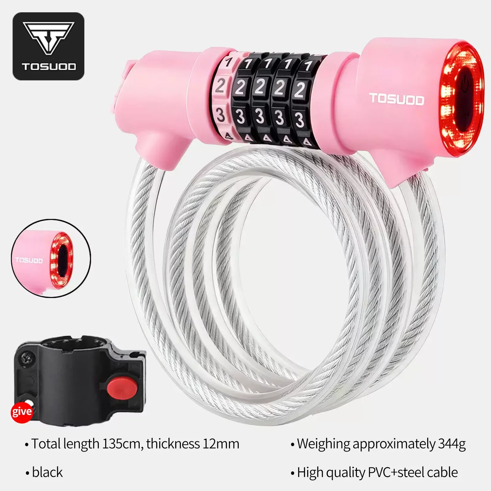 TOSUOD Bicycle Lock with Tail Light 5-Digit Security Password Bike Lock Steel Cable Chain Anti-theft Bicycle Bike Accessories