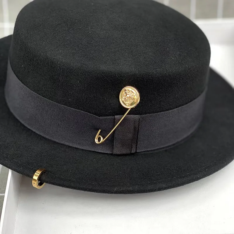 Pin Top Hat Female British Retro Autumn Winter Wool Flat Cap Socialite Chain Fedora Hat Europe Wild Chain Fedoras Hat