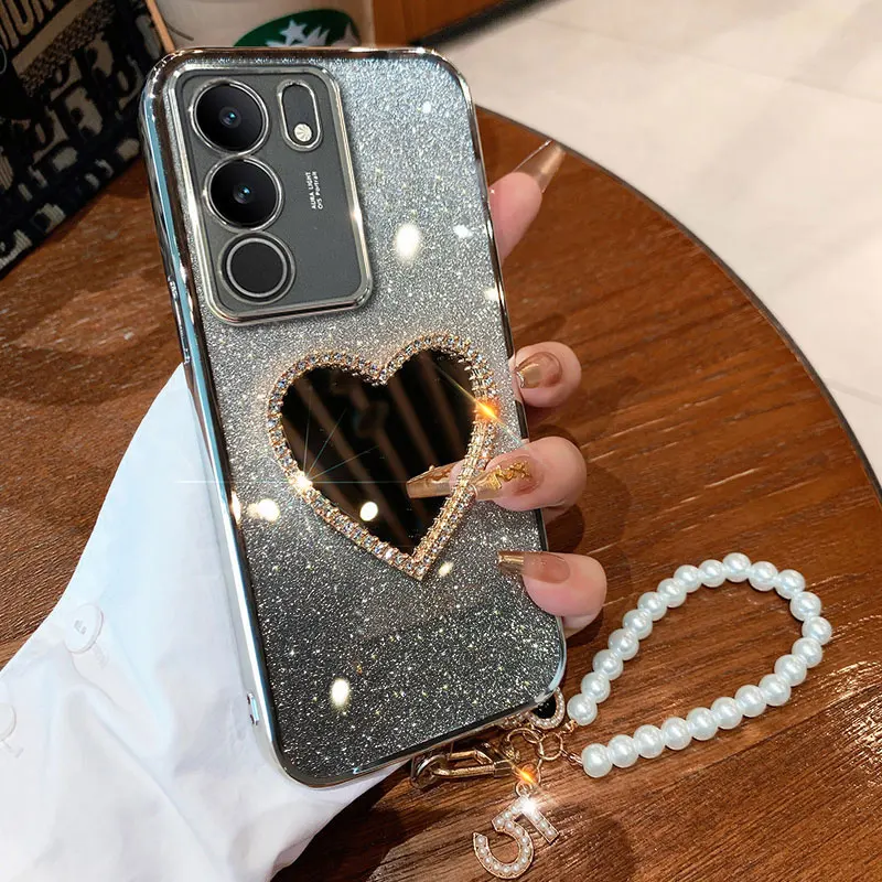 V 29 Cover Luxury Pearl Bracelet Case For Vivo V29 V30 Lite V27 pro V40 se Y72 Y78 Y51 Y31 Diamond Love Mirror Case with Lanyard
