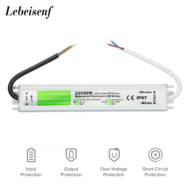 90-250V AC to DC 24V 50W 2.08A Lighting Transformer LED Drive Adapter Aluminum IP67 Outdoor Waterproof Switching Power Supply