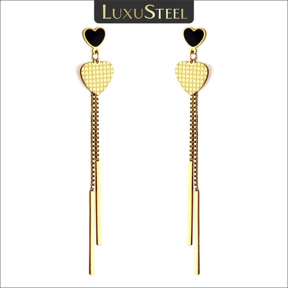 

LUXUSTEEL Long Tassel Drop Earrings for Women 2023 Trending Black Heart Love Charm Stainless Steel Ear Piercing Jewelry Gifts