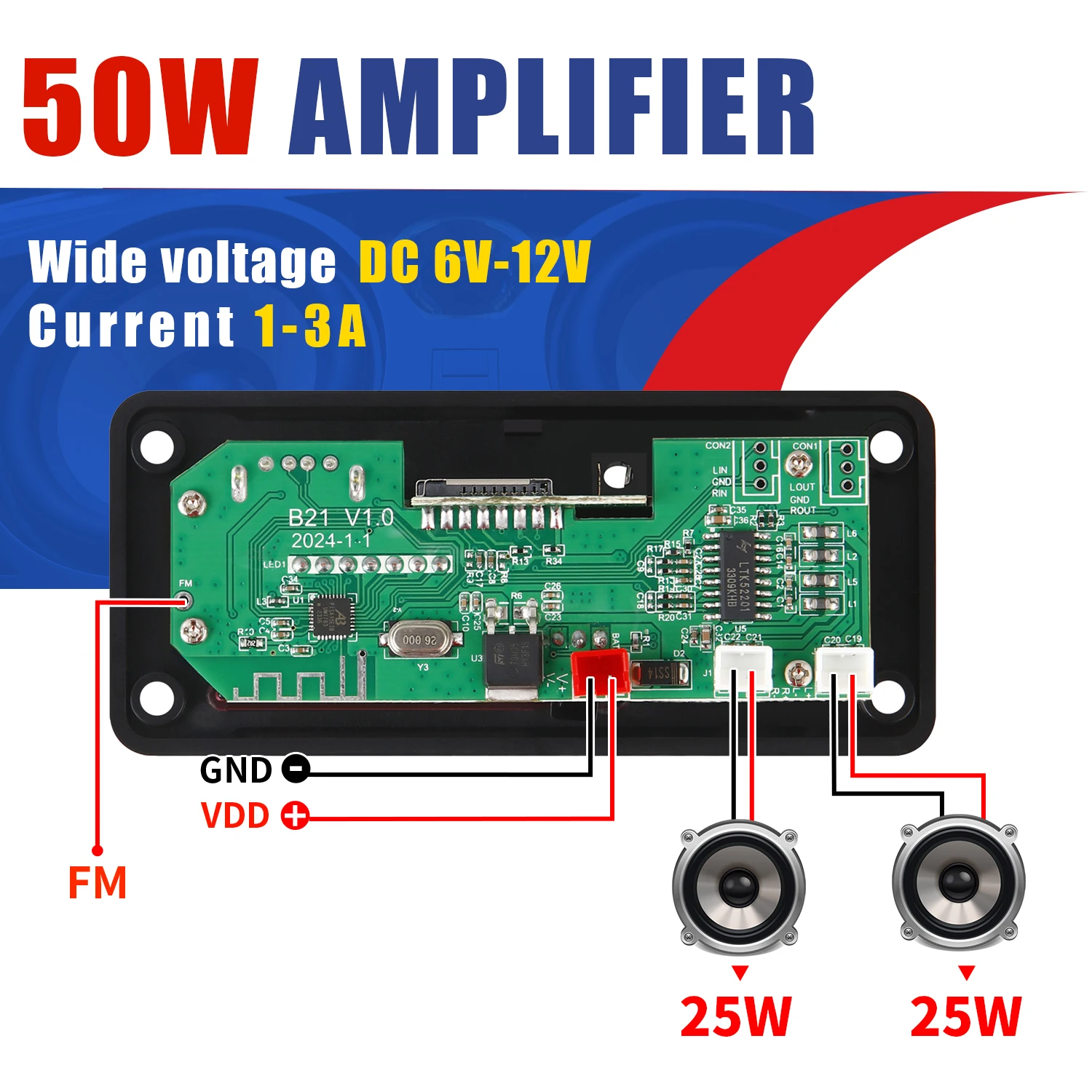 Amplificatore 12V 50W scheda di decodifica MP3 Bluetooth V5.0 lettore MP3 per auto modulo di registrazione USB Radio FM AUX per altoparlante vivavoce