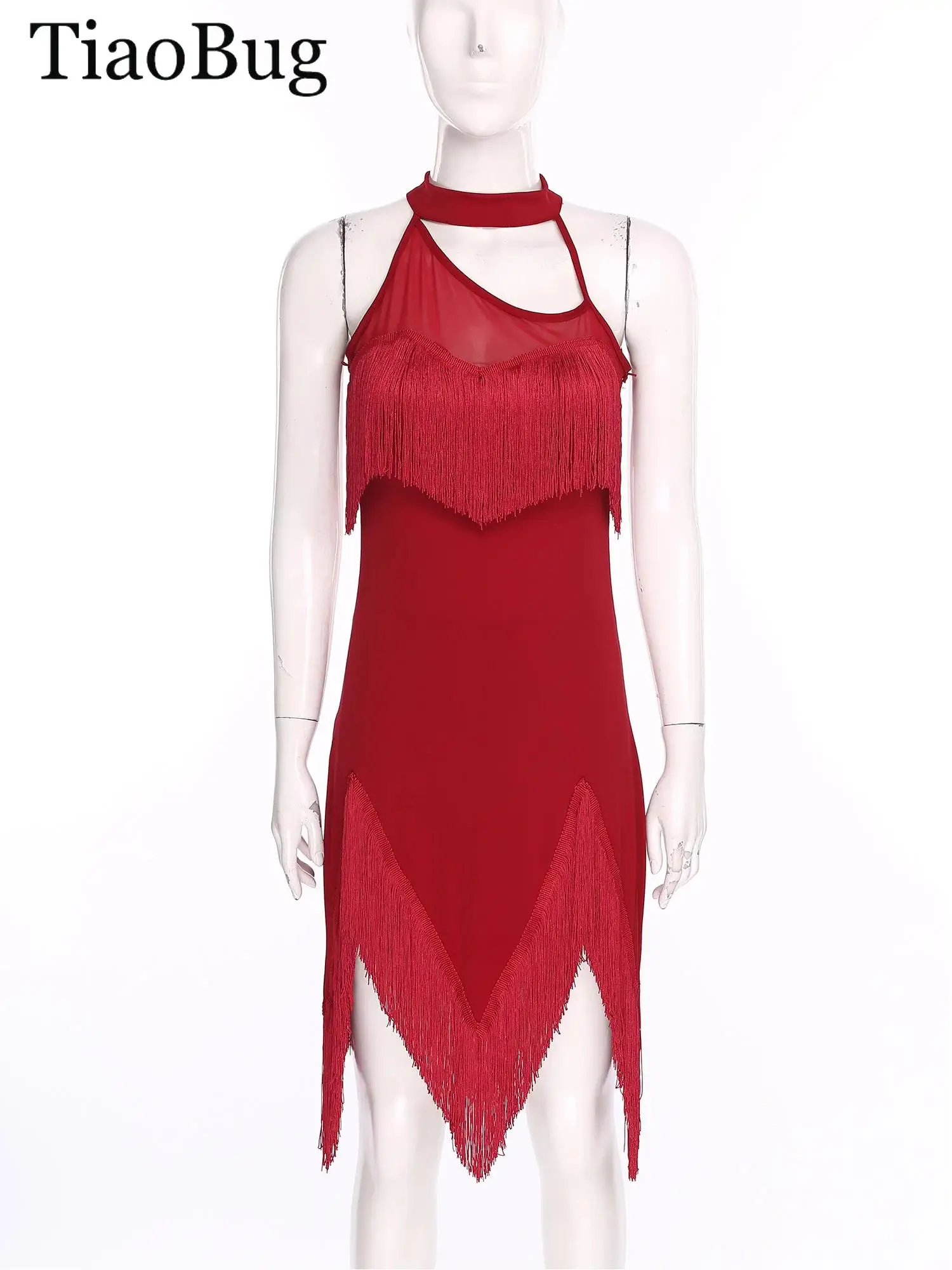 

Womens Latin Cha-Cha Dance Dress Halter Sleeveless Irregular Hem Tassel Dress with Safety Shorts Tango Salsa Ballroom Performanc