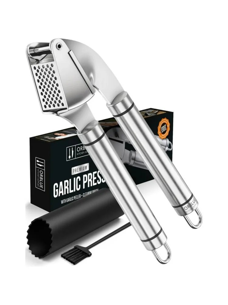 Garlic Press Stainless Steel - Professional Grade Garlic Grinder, Crusher and Peeler - Easy To Clean, Dishwasher Safe