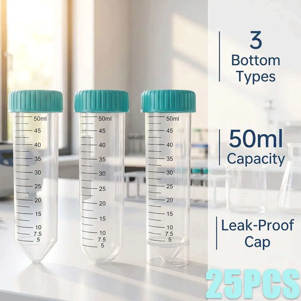 50ml Plastic Centrifuge Tubes, Three Types of Tube Bottoms Available (Conical Bottom / Round Bottom / Self-Standing Bottom), Screw-On Leak-Proof Cap, Transparent Polypropylene Sample Tubes with Clear Scale Markings, Laboratory Specimen Storage Tubes, Pack of 25