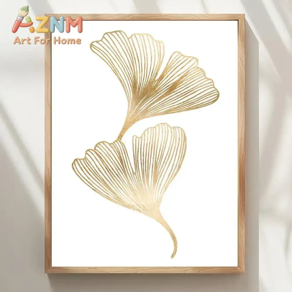 AZNM Golden Ginkgo Leaf Canvas Painting Frameless Wall Art Elegant Line Botanical Art Poster White Background Bedroom Home Decor