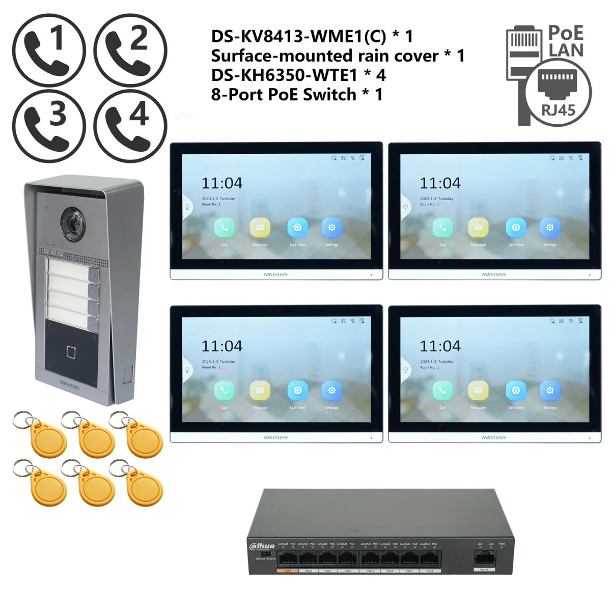 HIKVISION Original mehrsprachiges POE-Video-Gegensprechanlage-KIT, einschließlich DS-KV8113-WME1(C) und DS-KH6350-WTE1 und PoE-Switch