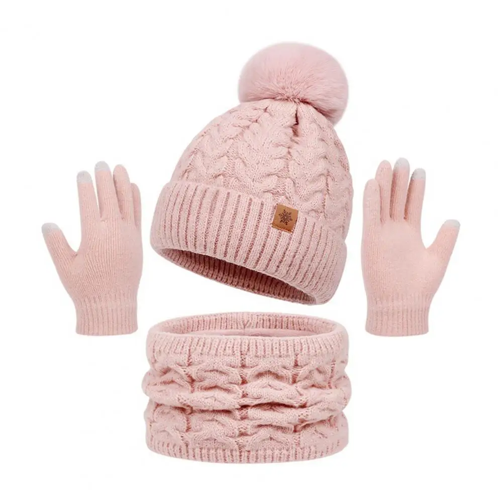 Touchscreen Winter Accessories 3pcs Women Winter Hat Scarf Gloves Set Twist Texture Plush Ball Decor Brimless Touchscreen Warm