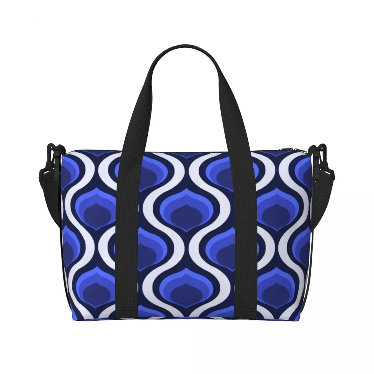 

Custom Orla Kiely Abstract Retro Fabric Blue White Tote Bag Women Large Capacity Geometric Floral Beach Gym Shoulder Travel Bag