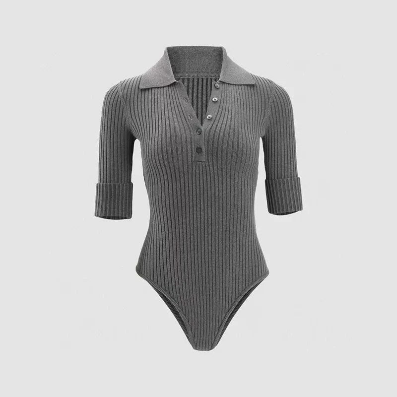Lapel knitted jumpsuit for women 2025 new style slimming and form-fitting mid-sleeved Polo collar tight elastic base layer