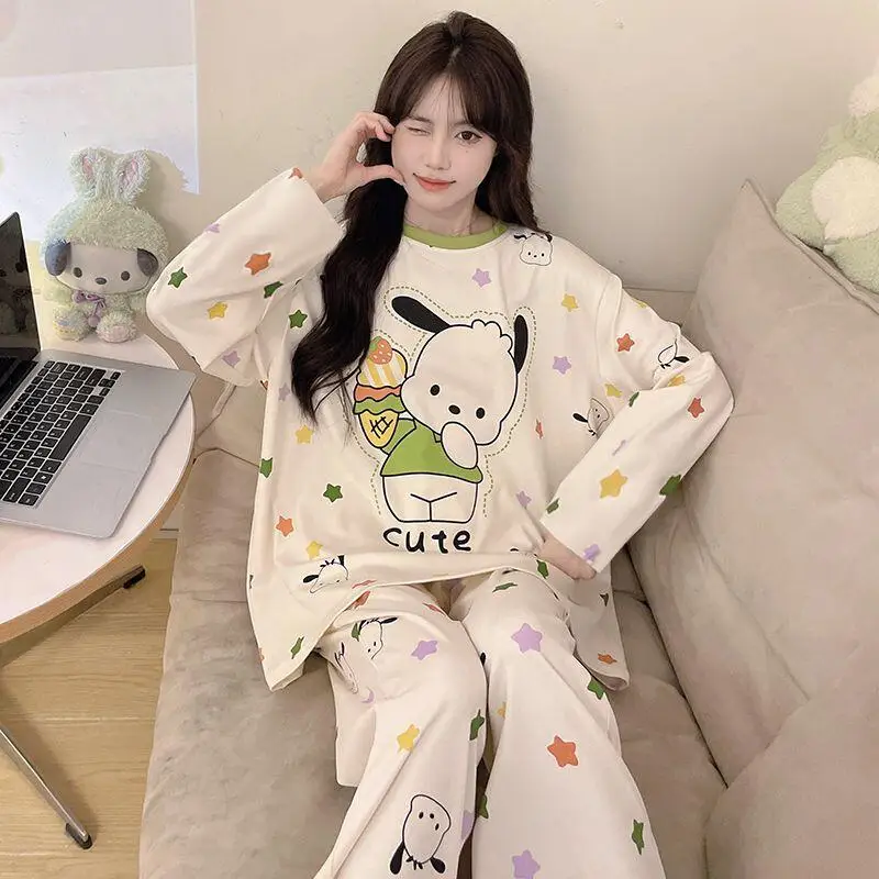 Cotton Pajamas Cartoon Kuromi Female Spring Autumn Homewear Cute Girls Sweet Long Sleeves Pants Large Size Lounge Clothes Suit