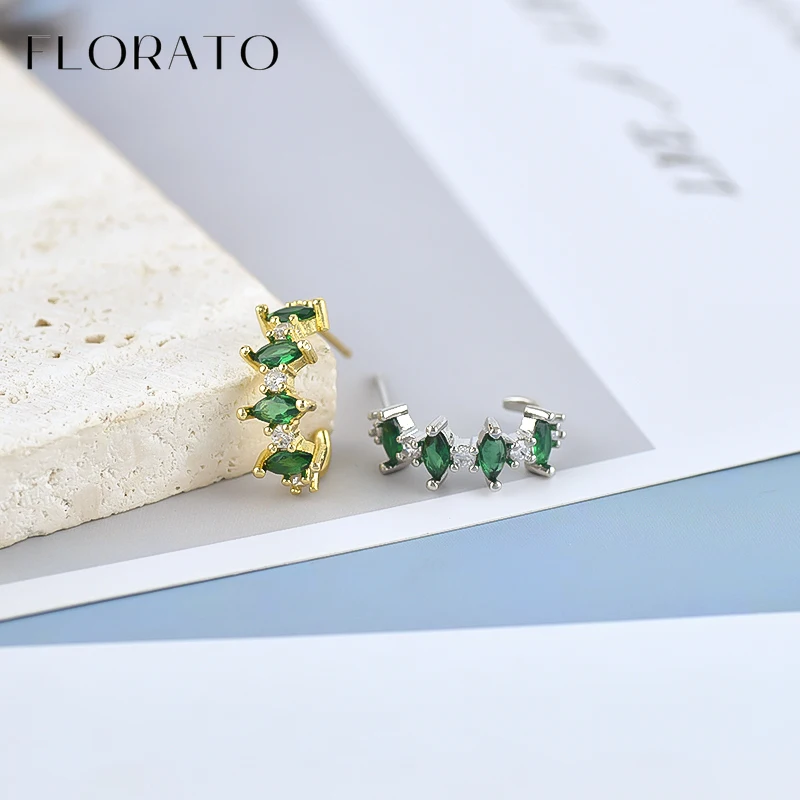 925 Sterling Silver Ear Needle Green Zircon Marquise Crystal Inlaid C-shaped Earrings For Women Retro Fashion Party Jewelry