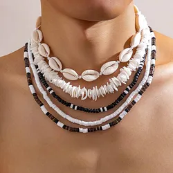 KunJoe 5pcs/set Bohemian Wood Beaded Choker Necklace for Men Vintage Soft Clay Necklace Tribal Surfer Jewelry