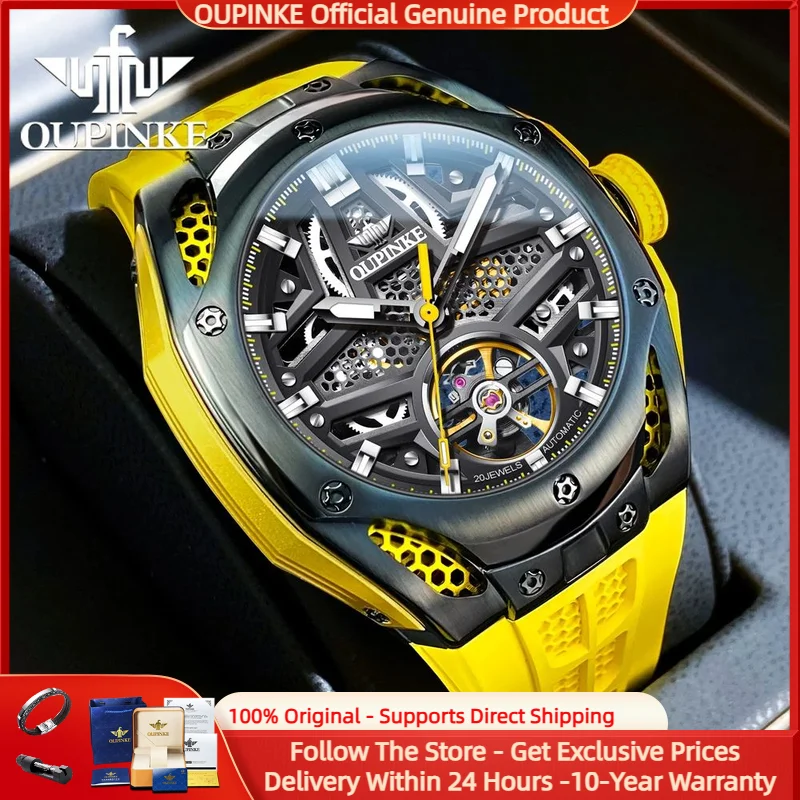 OUPINKE 9003 Original Luxury Brand Automatic Mechanical Men's Watches Silicone Strap Full Hollow Out Men's Wristwatches Fashion