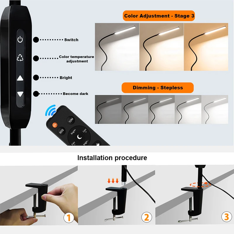 Imagem -05 - Led Clip Light com Controle Remoto Book Reading Lamp 360 ° Ajustável Estudo Quarto Cabeceira Mesa Iluminação de Trabalho ue Eua