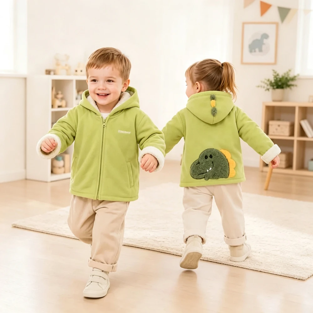 2026 Autumn Winter Children Fleece Hooded Jack Baby Boy Girl Cartoon Dinosaur Thicken Warm Outerwear Kids Clothes Windproof Coat