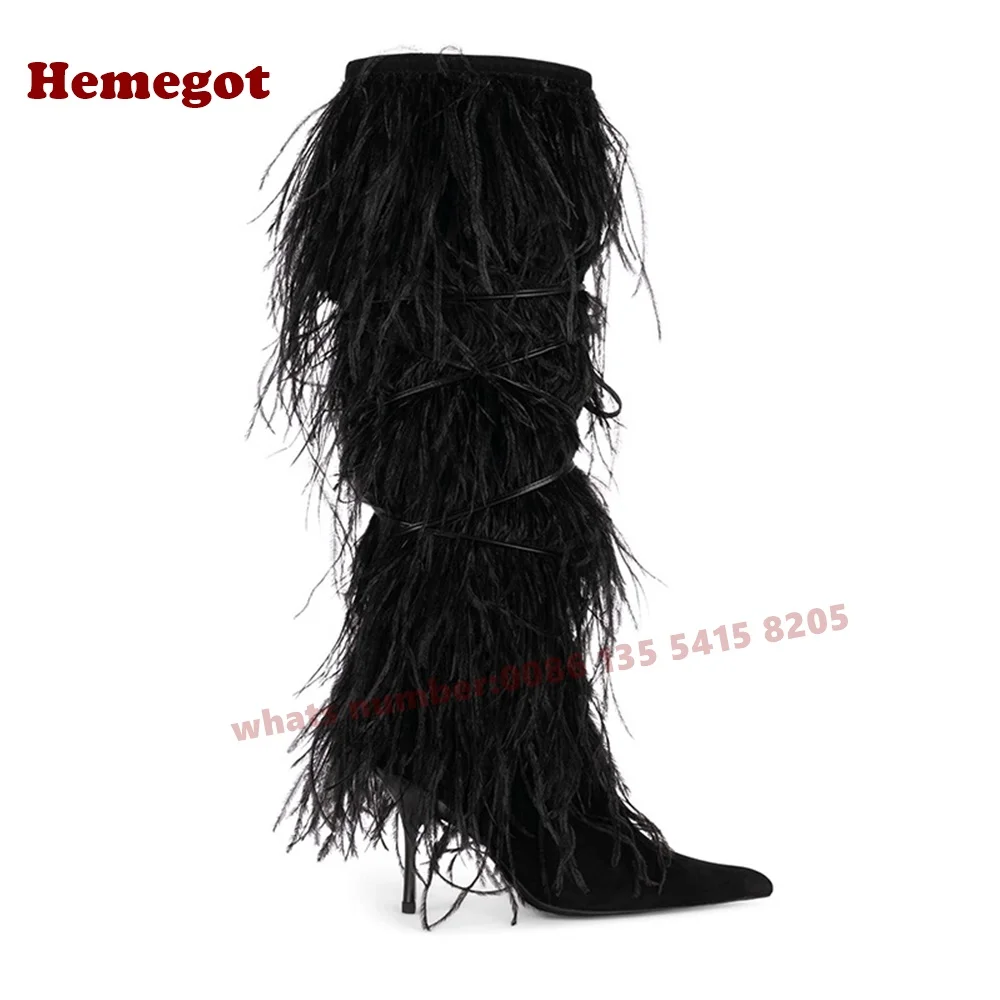 Blue Fur Lace Up Knee High Boots Suede Pointy Toe Stiletto Cross Strappy Women's Long Boots 2025 Winter Fluffy Side Zipper Shoes