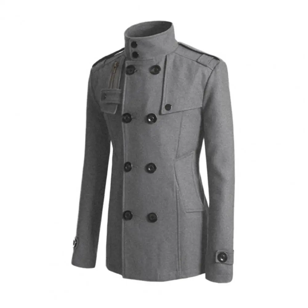 

Men Overcoat Elegant Men's Woolen Coat with Stand Collar Double-breasted Closure Stylish Mid-length Outwear Jacket for Winter