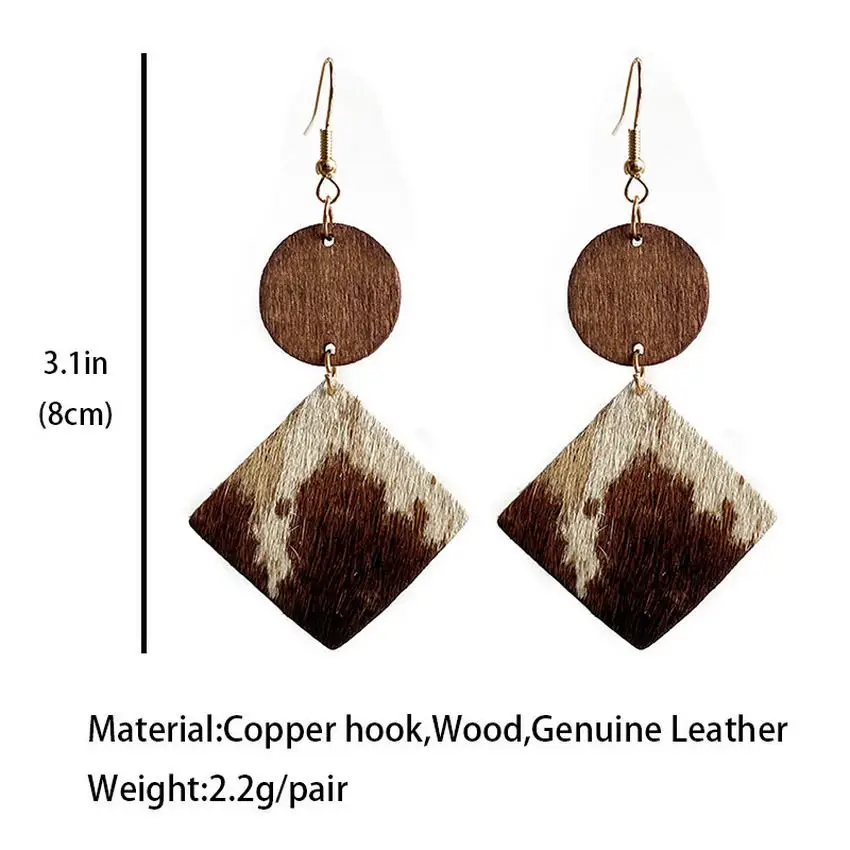 Designer Round Wood Genuine Leather Square Dangle Earrings 2022 New Cow Print Earrings Cowgirl Minimalist Jewelry Wholesale