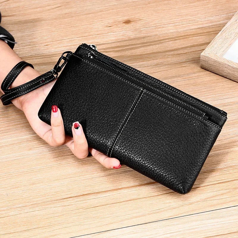 

Genuine Leather Women Long Purse Female Clutches Money Wallets Handbag Hand Strap Passport Walet for Cell Phone Card Holder