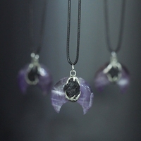 1Pcs Rope Black Tourmaline Amethyst Semi-precious Stone Leather Necklace Claw Shape Crescent Moon Handmade Jewelry