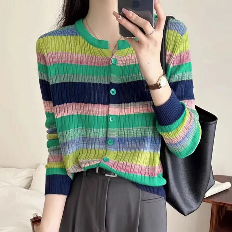 Women\'s Clothing Spring Autumn Rainbow Striped Patchwork Sweet Chic Knitted Cardigan Casual V Neck Long Sleeve Slim Sweater Coat