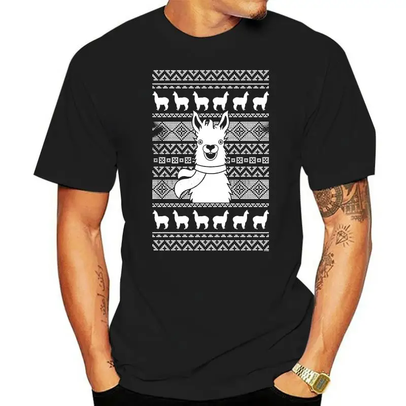 New 2023 Cotton Men Llama Ugly Christmas T-Shirt Short-Sleeve T-Shirt