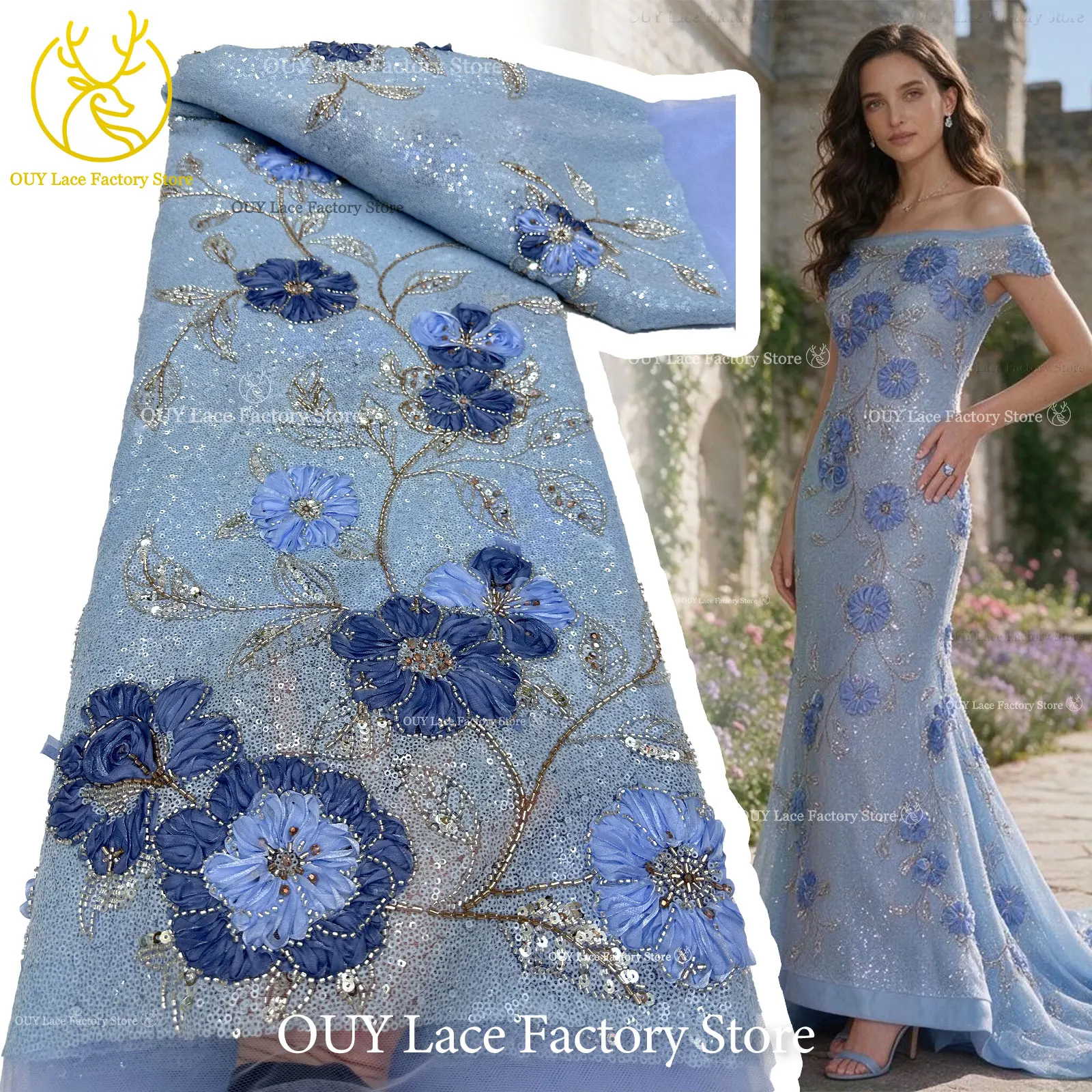 Elegant 3D Flower Embroidery Beaded Sheer Tulle Mesh Lace Fabric, African Shiny Sequin Lace Material for Women Party Gowns