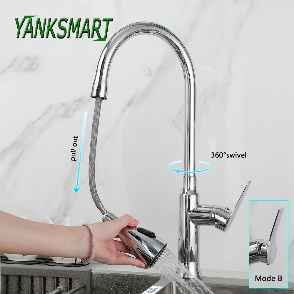 YANKSMART Pull Out Kitchen Faucet 360 Degree Rotation Hot and Cold Sink Faucets with 3-Ways Modes Outlet Spout Mixer Water Tap