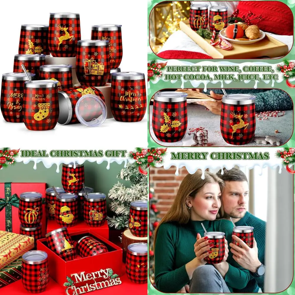 

12-Piece Christmas Wine Tumblers Set - 12 oz Stainless Steel Insulated Stemless Mugs with Lids, Straws, and Brushes for Holiday