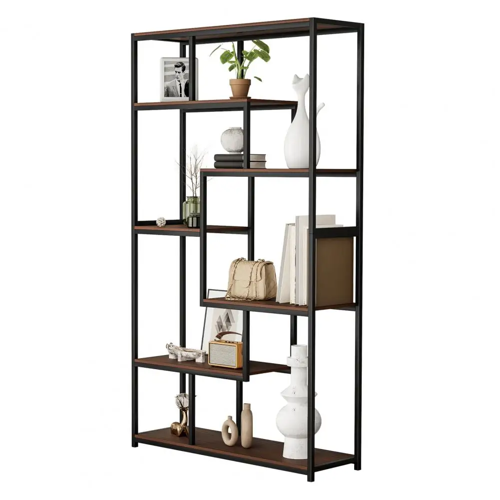 Tiered Freestanding Floor Display Shelf, Wood And Metal Corner Etagere Bookcase for Tea Room, Living Room, Ebony