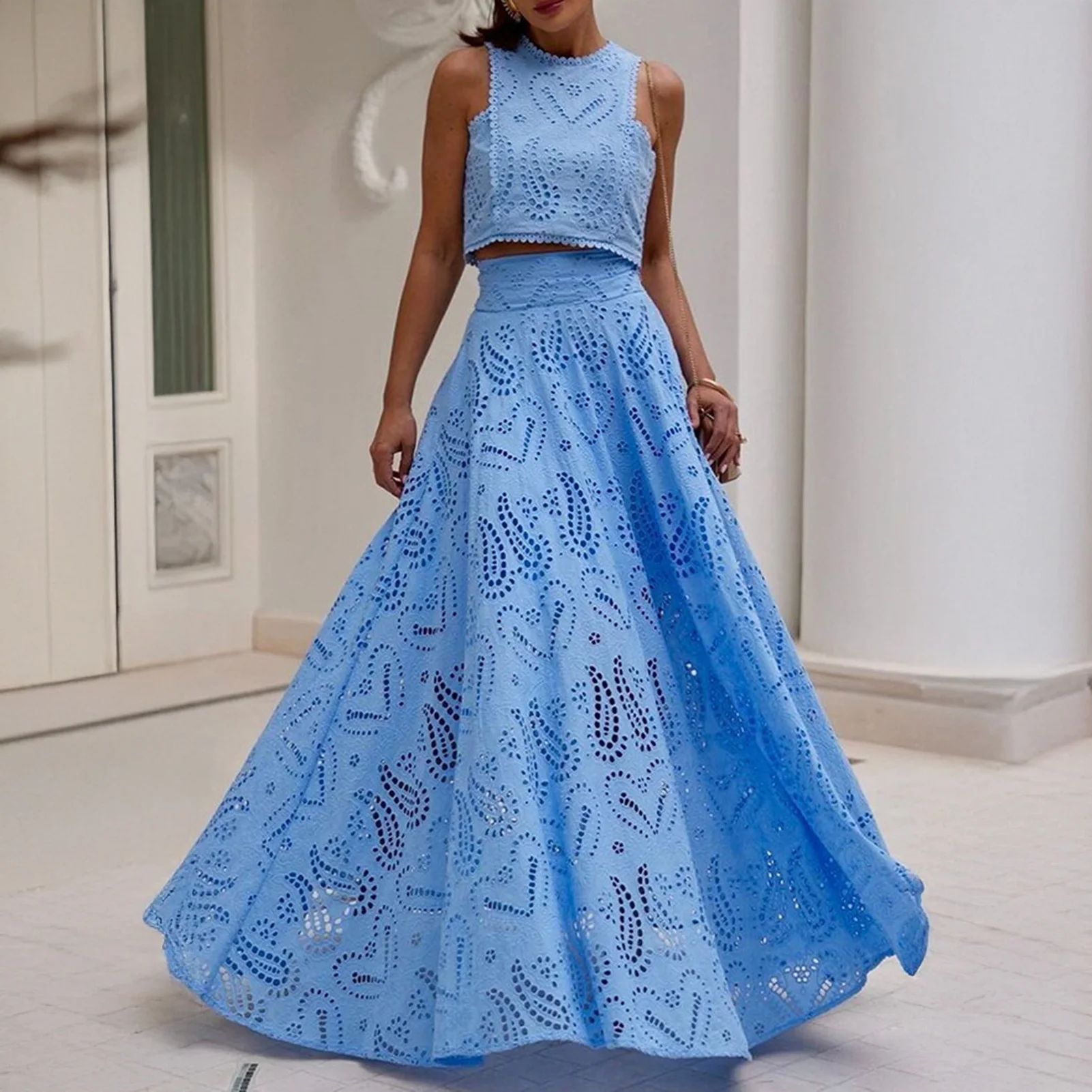 

Женские летние комплекты из двух предметов, укороченные топы на бретелях, комплект с длинной юбкой, платье макси без рукавов с карманом, вечернее платье для ночного клуба