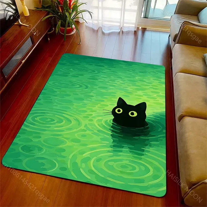 Multiple sizes Black cat in green water with ripples Print Carpet for Living Room Bedroom Sofa Home Decor Non-slip Mat Gift