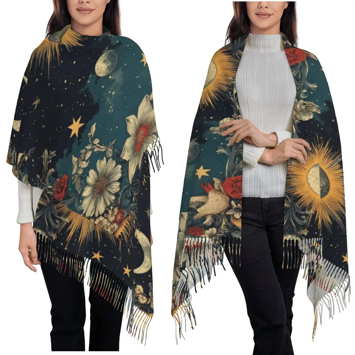 العصرية الشمس القمر بوهو كوزموس علم التنجيم وشاح شرابة الأوشحة النساء لينة الدافئة شالات ويلتف طويل الخريف الشتاء شال التفاف
