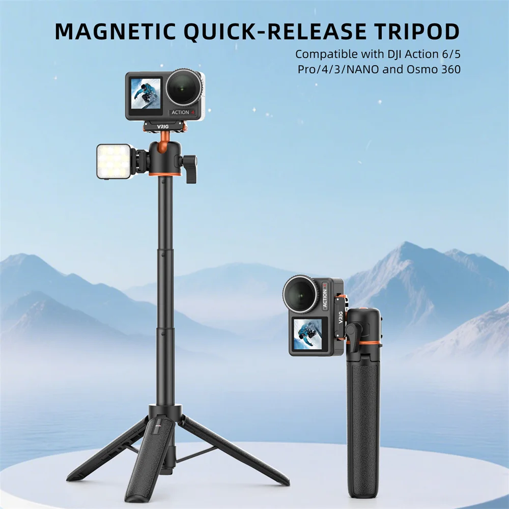 VRIG AC-40N Magnetic Selfie Stick Tripod Mount for DJI Osmo Action 6/Nano Bi-Directional Quick Release Extendable Handheld Pole