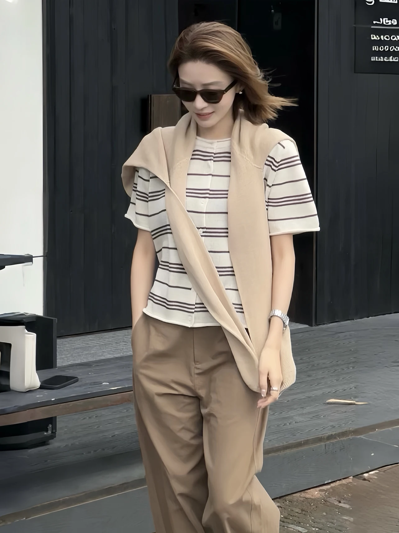 

Retro Color Block Summer New Roll Single Button Striped Knitted Top Cardigan Thin Women's Week Fashion Soft Short S...