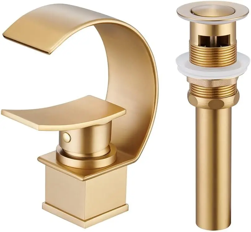 

Faucet for Bathroom Sink, Waterfall Single Handle Vanity Faucet for Sink 1 Hole in Brushed Gold